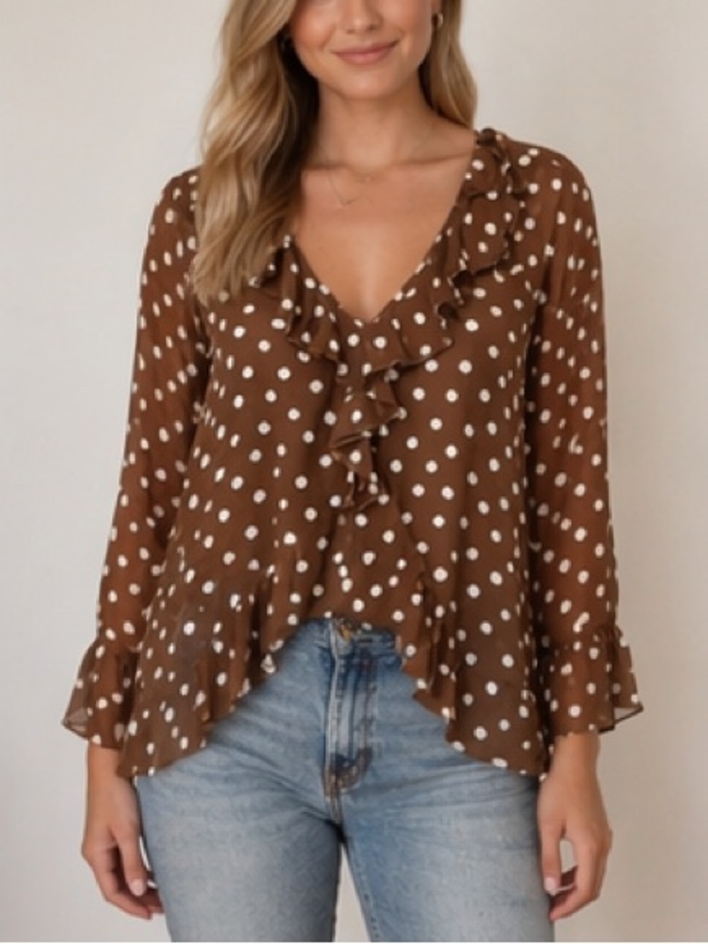 Women’s Plus Size Brown and White Polka Dot Ruffle Cottagecore Boho Top Size 3X